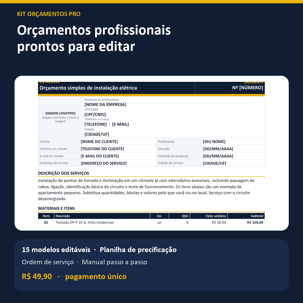 Capa do Kit Orçamentos Pro com a prévia real de um orçamento e o preço de R$ 49,90.