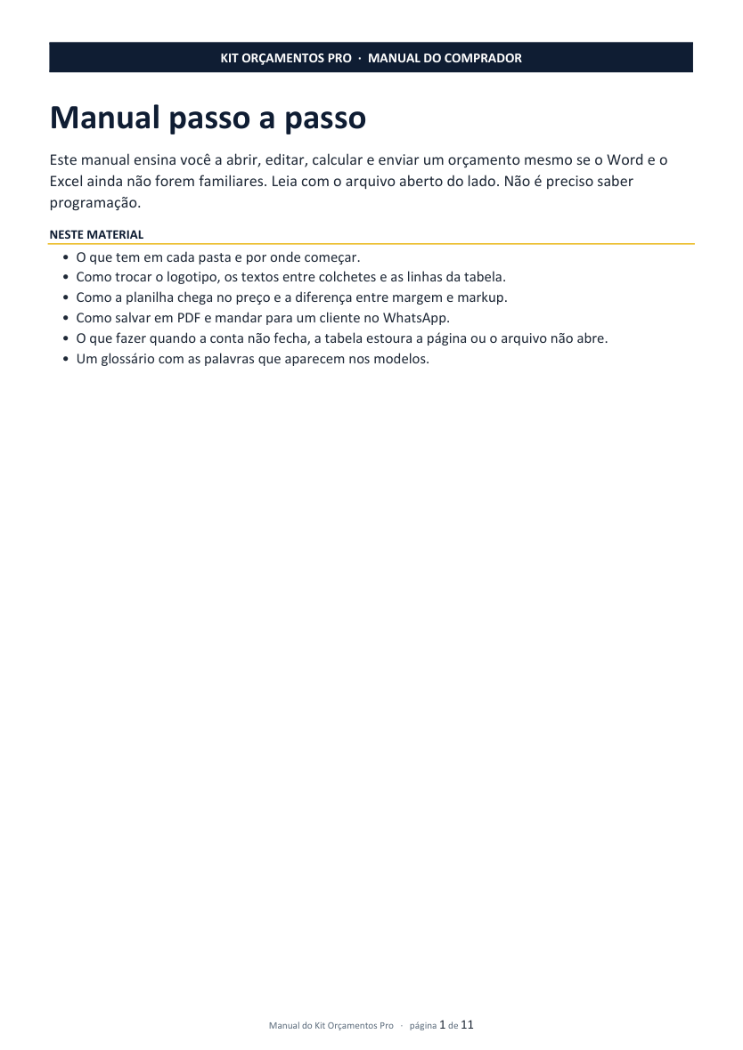 Captura de uma página do manual em PDF do Kit Orçamentos Pro.