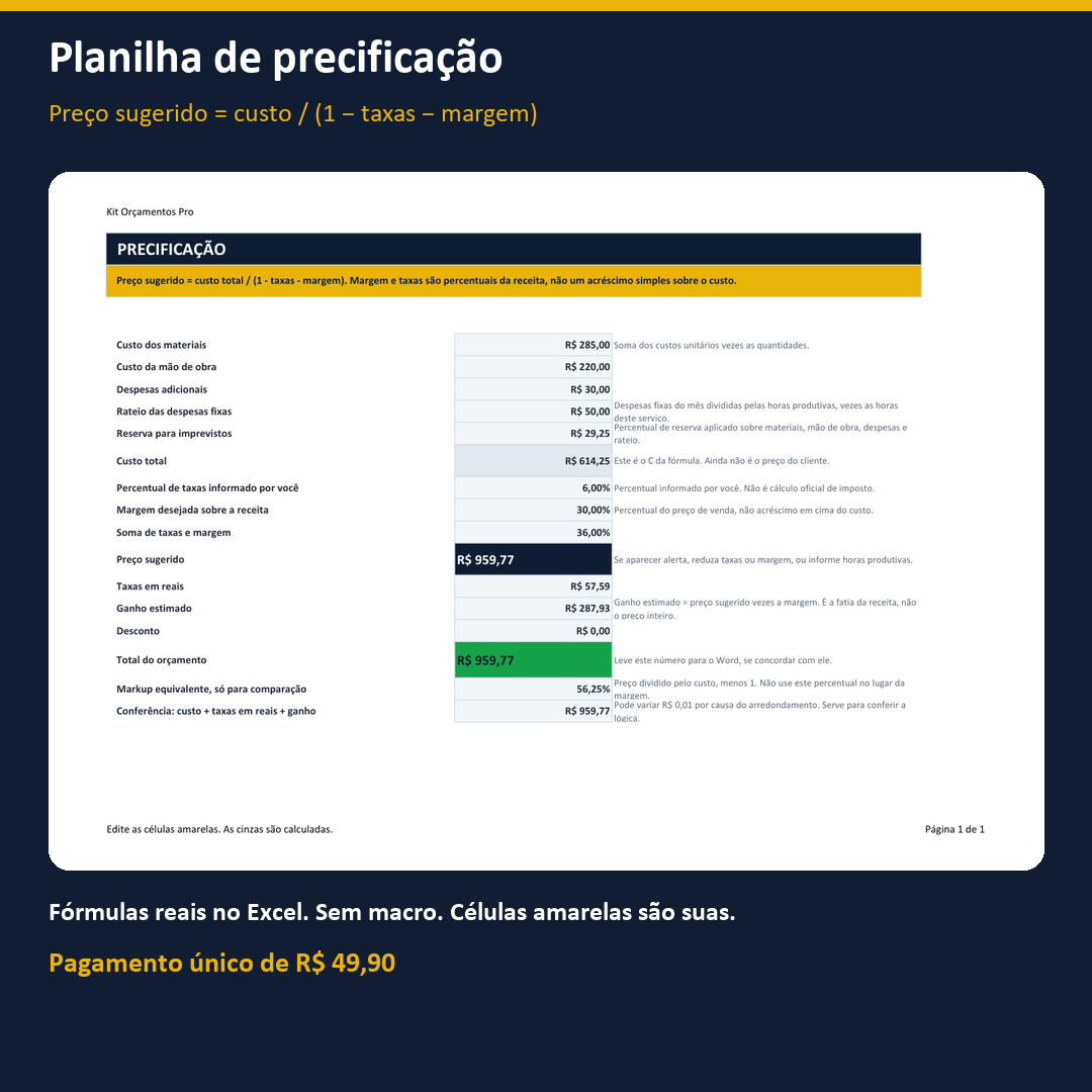 Peça com a prévia real da planilha de precificação do kit.